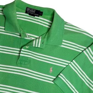 VTG Polo Ralph Lauren Striped Polo Shirt Green White Pink Pony Men’s Sz L‎